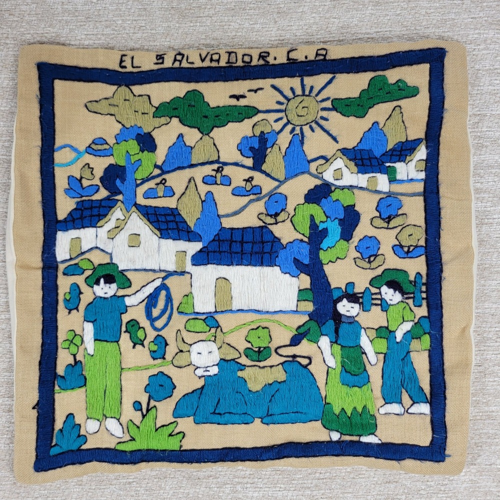 Hand Embroidered Pillow Cover 16" Folk Art Village Boho Textile El Salvador CA